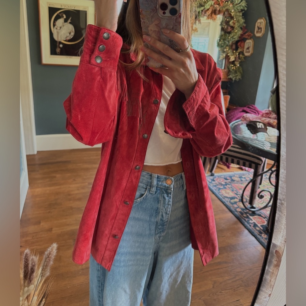 Chico’s western Vermillion Suede Fringed Jacket coral pink sz 3 - Picture 7 of 16